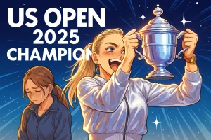 Aryna Sabalenka celebrating her US Open 2025 victory with the trophy, while Amanda Anisimova looks heartbroken in the background.