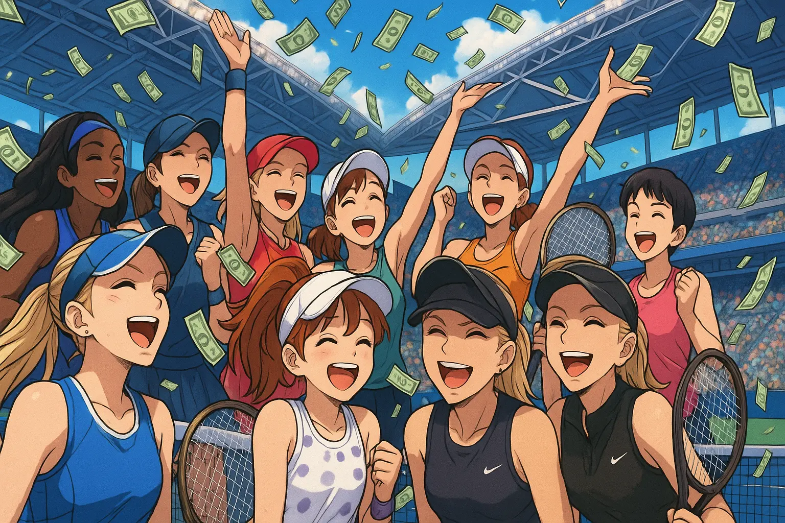 Illustration of WTA players at the US Open 2025 in Arthur Ashe Stadium celebrating prize money