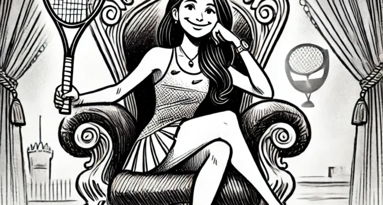Ekaterina Alexandrova sits on a grand throne, holding her tennis racket like a scepter and smiling confidently in a black and white cartoon illustration.