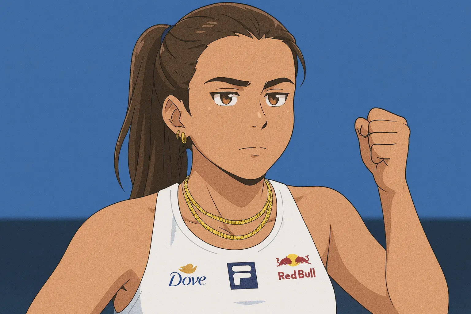 Illustration of Emma Navarro clenching her fist in determination after a victory at the WTA 1000 China Open