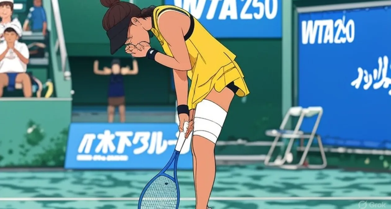 Anime-styled artwork of a female tennis player in a yellow dress, leaning on her racket with a bandage on her thigh, on a WTA 250 court with spectators in the background.