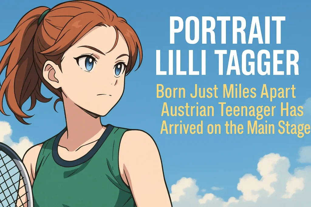illustration of Lilli Tagger, a young Austrian tennis player, standing confidently with racket in hand under a bright blue Alpine sky — symbolizing her rise from Lienz to the WTA Tour.