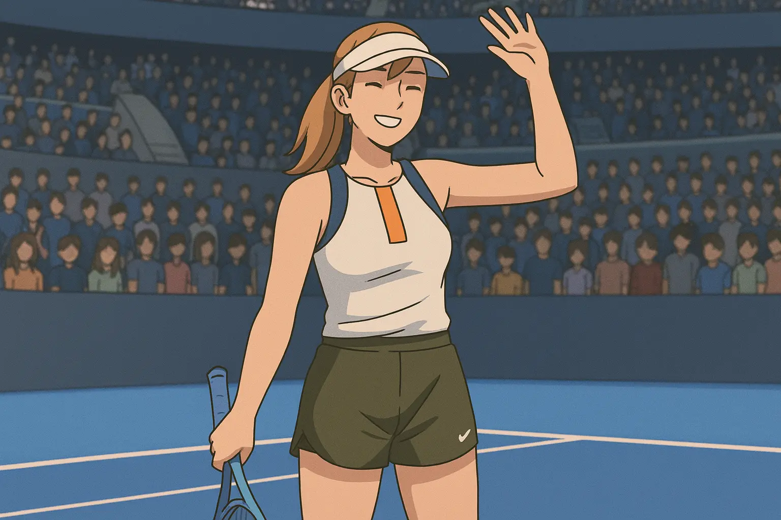 illustration of Linda Nosková waving and smiling on a blue tennis court after advancing to the China Open 2025 semifinals.
