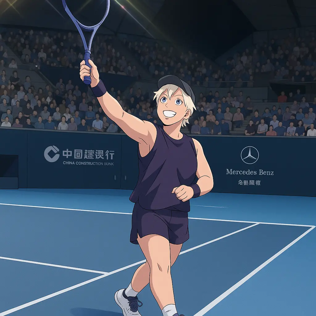 Illustration of Sonay Kartal smiling and raising her racquet in front of a cheering crowd after reaching the China Open 2025 quarterfinals by defeating Mirra Andreeva.