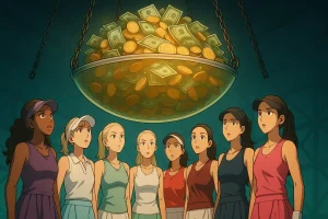 Illustration showing WTA tennis players standing in a stadium beneath a giant bowl of money suspended above them, inspired by Squid Game.