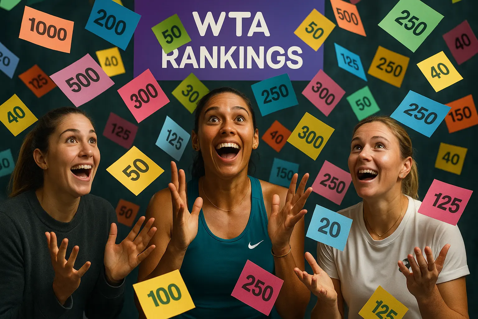 Image of tennis players reacting to WTA live rankings updates, surrounded by colorful ranking point leaflets marked 2000, 1000, 500, 250, and 125.