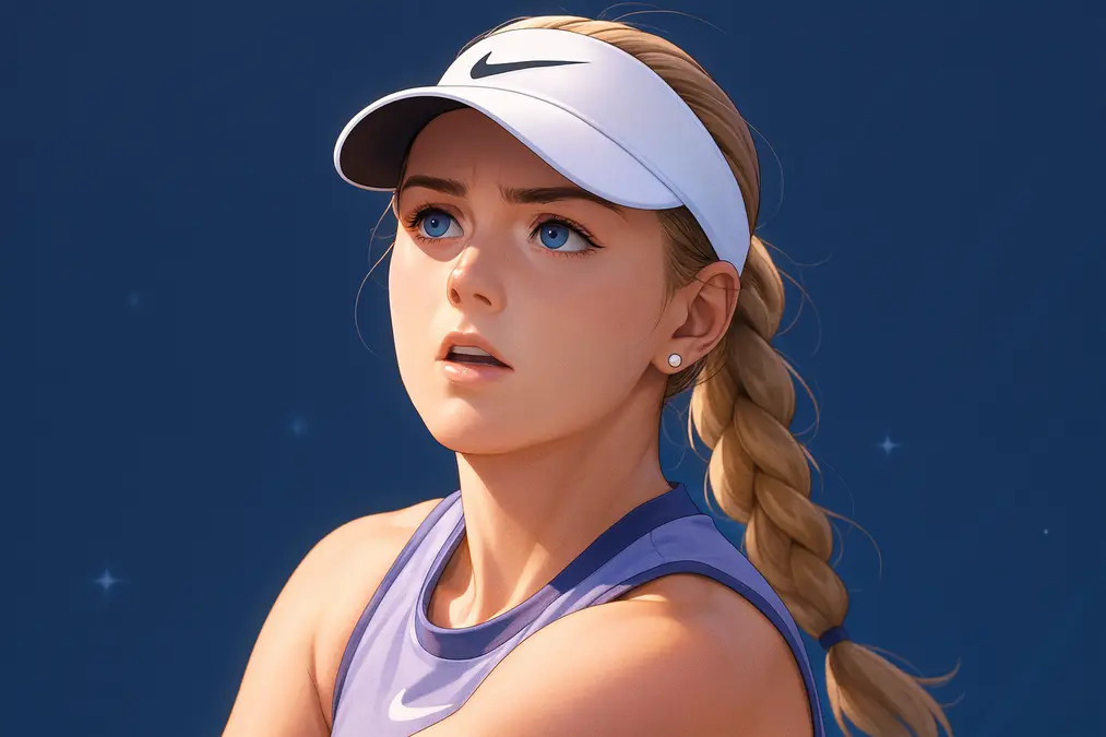 Anna Kalinskaya preparing to serve, focused and intense, wearing a light purple Nike visor and tennis outfit against a deep blue background with subtle light flares.