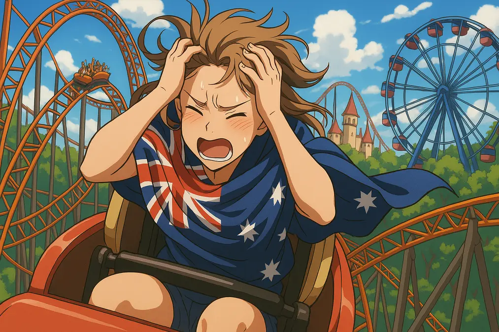 Daria Kasatkina in an artwork gripping her head mid-rollercoaster ride, draped in an Australian flag with a Ferris wheel and theme park in the background.