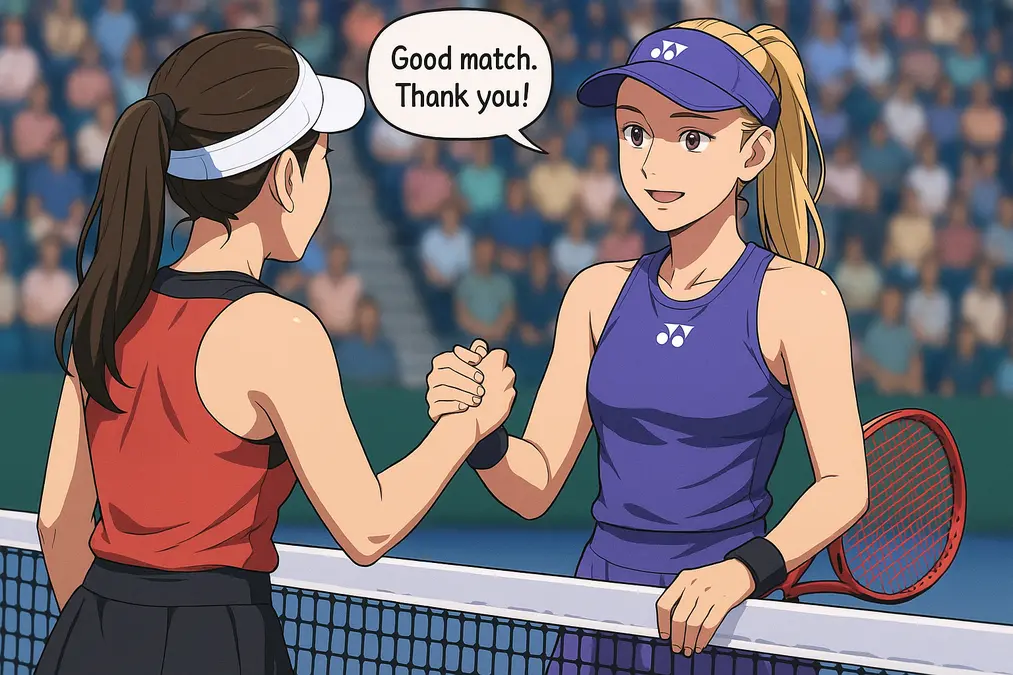 Elena Rybakina in her purple Yonex outfit and cap shakes hands with Jessica Pegula at the net after their WTA Finals 2025 semi-final match, saying “Good match. Thank you!”