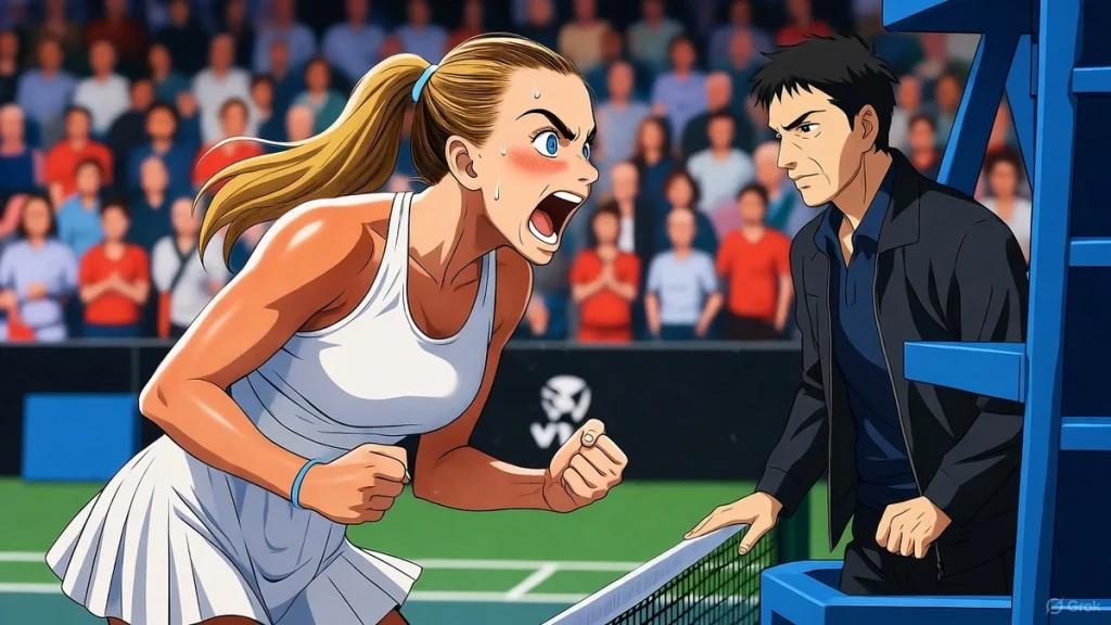 Animated Aryna Sabalenka shouting passionately toward her coach Dubrov courtside during an intense match, under bright lights with a full crowd in the background.