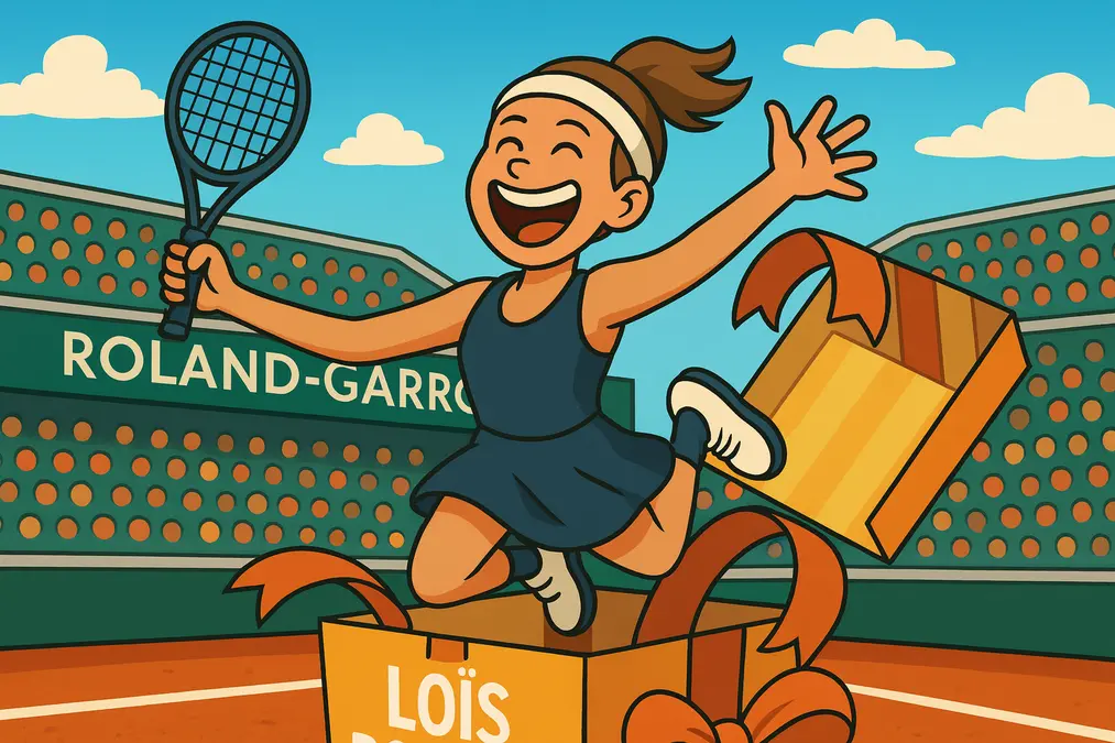 Loïs Boisson cartoon illustration leaping out of a gift box on a clay tennis court at Roland-Garros, holding a racket and smiling with joy.