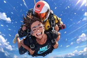 Romanian tennis player Jaqueline Cristian skydiving with joy in this artwork, wearing a black Nike shirt and goggles, mid-air with her instructor under a clear blue sky.