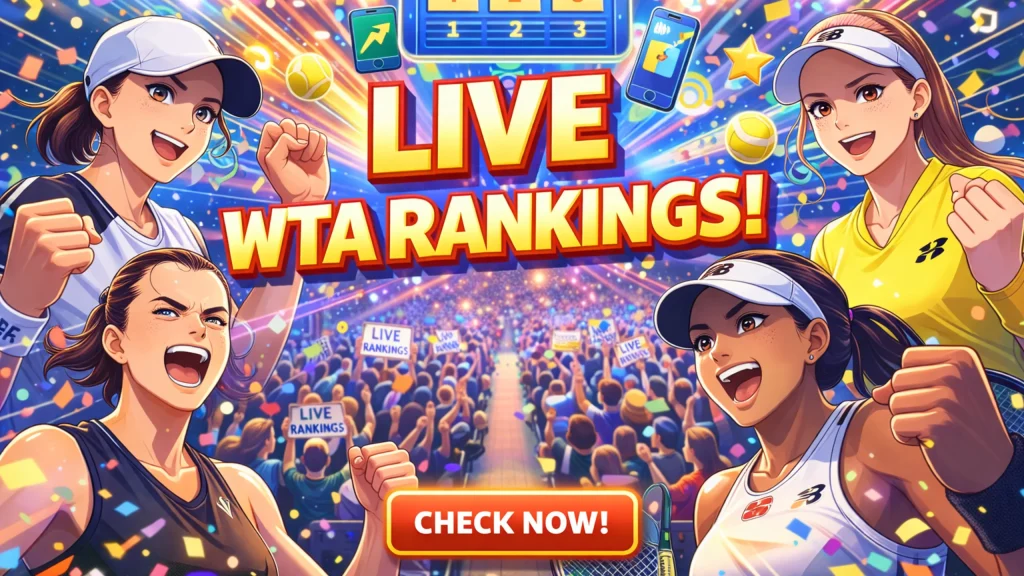Colorful illustration of a tennis stadium surrounded by vibrant player cutouts and animated rankings boards representing the excitement of live WTA standings.