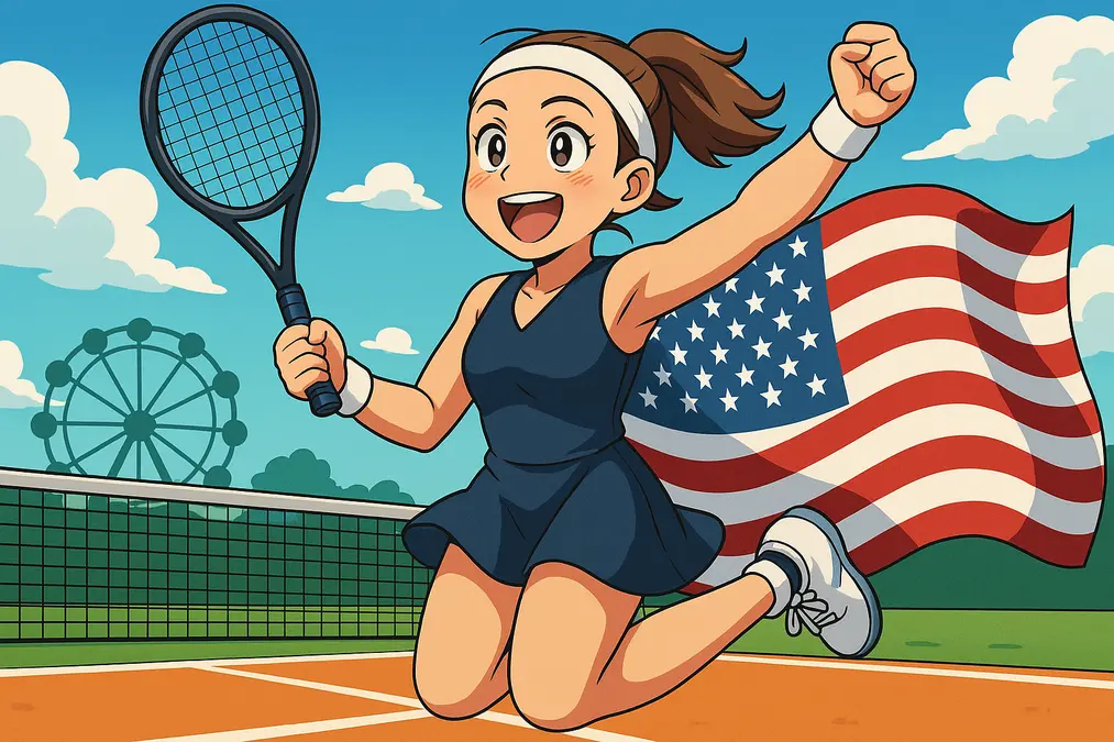 illustration of American tennis player Lauren Davis jumping on a tennis court with a racket and U.S. flag, celebrating under a clear sky.