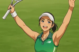 McCartney Kessler celebrates a grass-court victory with arms raised, wearing a green New Balance dress and white visor.
