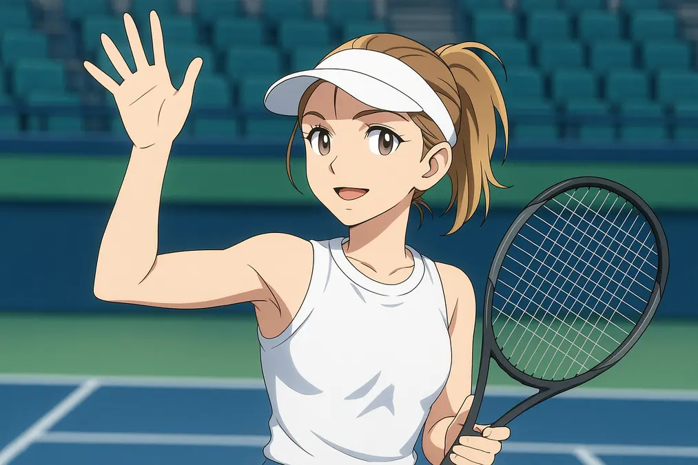 illustration of Simona Halep waving goodbye on a tennis court, holding a racket, with a soft smile and raised hand, wearing a white visor and top, against a blurred stadium backdrop