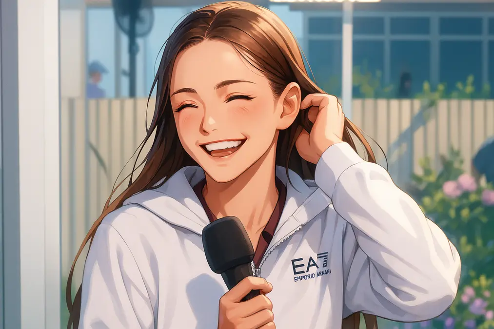 Veronika Kudermetova smiling joyfully during a post-match interview after defeating Barbora Krejcikova, wearing a white EA7 Emporio Armani hoodie with a relaxed expression.