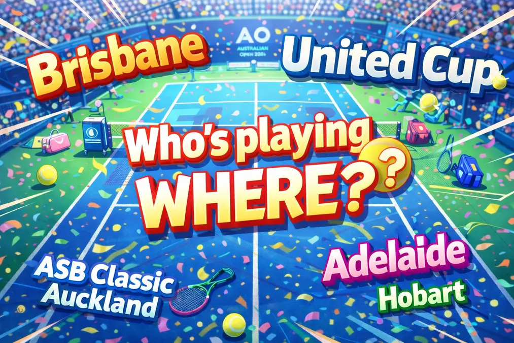 Colorful tennis court illustration showing tournament names Brisbane, United Cup, ASB Classic Auckland, Adelaide, and Hobart, with "Who's playing WHERE?" in bold center text.