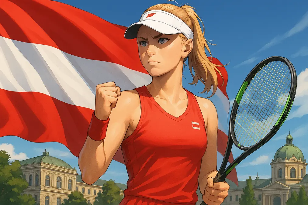 A determined Anastasia Potapova wearing red and holding a racket stands in front of the Austrian flag, symbolizing her national switch to represent Austria in 2026.