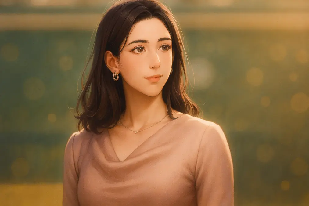 Garbiñe Muguruza posing confidently in an elegant pastel outfit with a calm expression, captured against a softly blurred tennis stadium background.