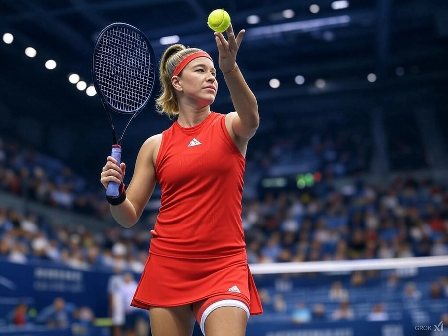 Karolina Muchova in a red outfit tossing the ball to begin her serve during a WTA match on an indoor hard court.