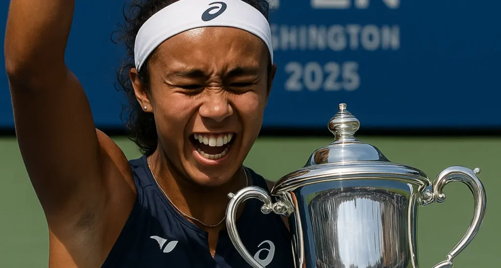 Leylah Fernandez celebrates with the Washington 2025 trophy after winning one of her two WTA singles titles of the 2025 season.