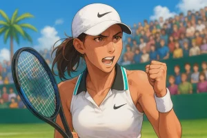 Lilli Tagger celebrating a point with a clenched fist on a sunny stadium court, wearing a white visor and top.