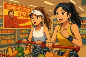 Marie Bouzková and Loïs Boisson, illustrated in anime style, smile and react with surprise while pushing shopping carts in a supermarket aisle, spotting a “Coaches from Spain” section as they look for new tennis coaches.