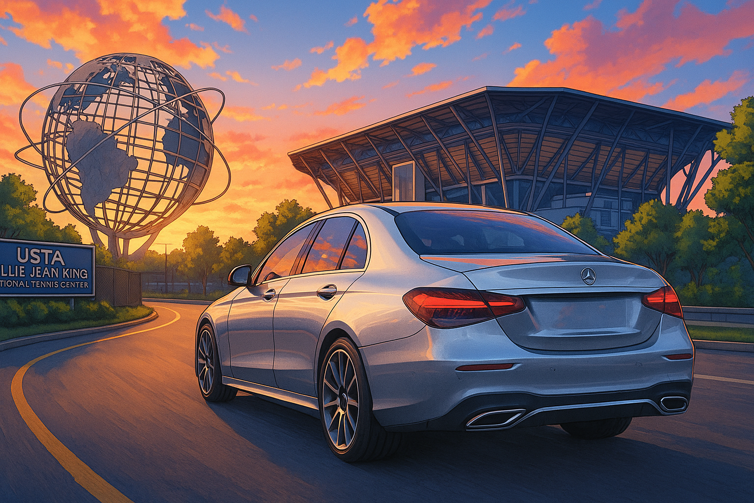 A luxury Mercedes car driving away from the USTA Billie Jean King National Tennis Center at sunset near the Unisphere in Flushing Meadows.