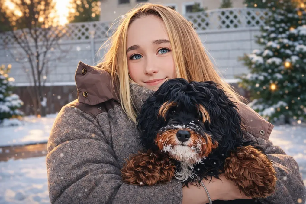 A young girl warmly bundled in a winter coat smiles while holding a fluffy black and brown dog, with snow-dusted fur, during a crisp outdoor moment.
