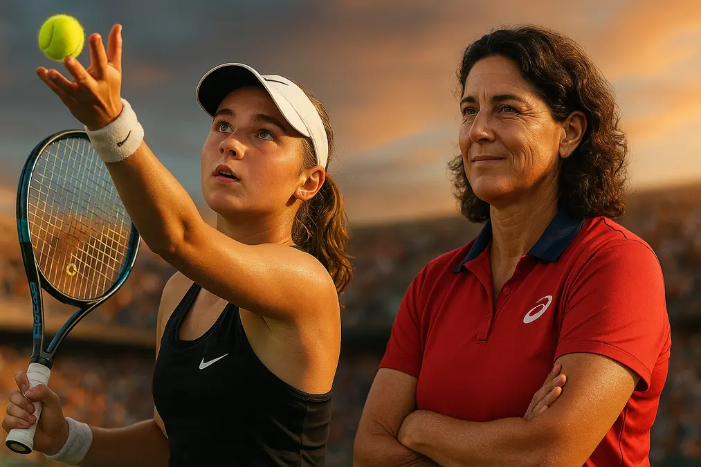 Hyperrealistic portrait of young WTA player practising a serve under sunset light with coach Conchita Martínez watching beside her in a stadium setting.