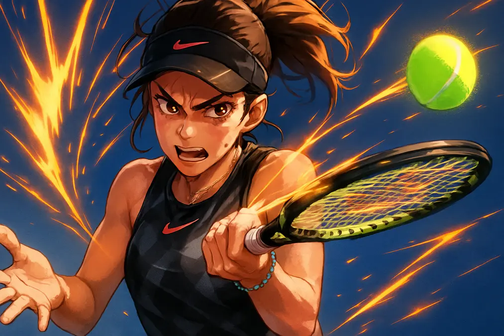 Olga Danilović unleashes a powerful forehand with fierce expression and dynamic posture, wearing a black sleeveless top and visor on a blue tennis court, with motion streaks emphasizing her explosive energy.