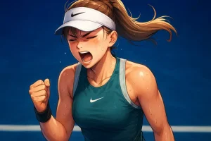 Paula Badosa clenches her fist and roars with conviction during a high-intensity match, captured in a digital portrait on a blue hardcourt.
