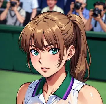 portrait of Liudmila Samsonova with a ponytail and blue eyes, wearing a white tennis top with green and purple trim, smiling in front of a blurred tennis crowd.