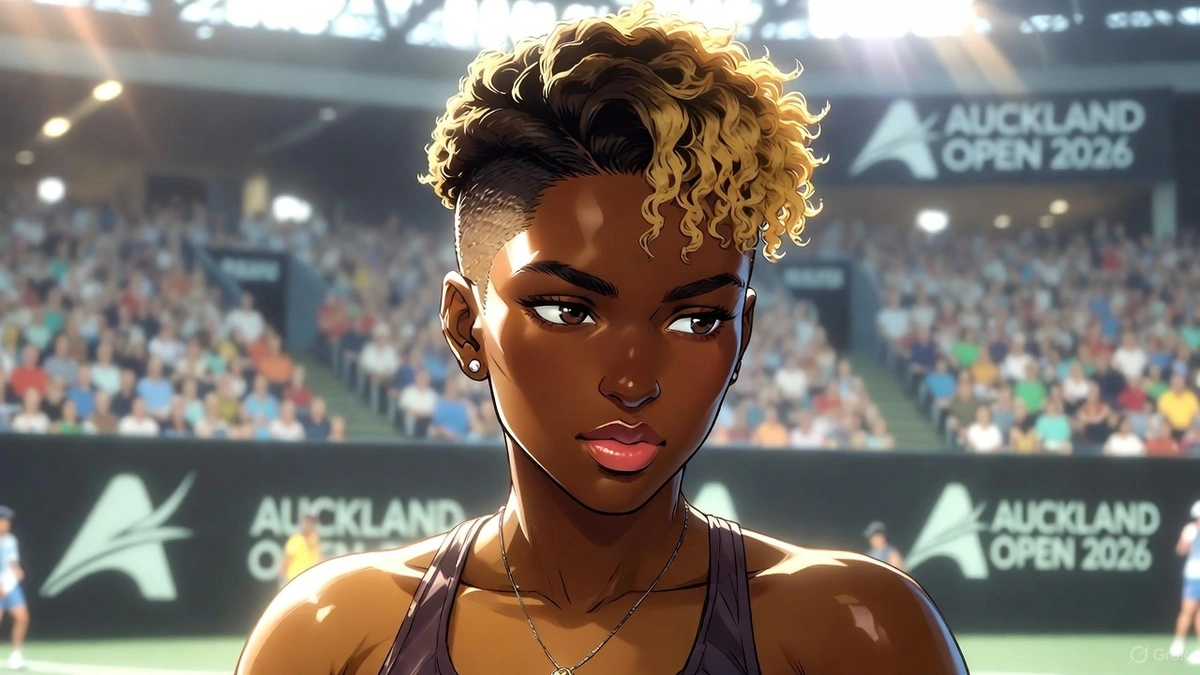 Sloane Stephens on court at the Auckland Open 2026, preparing for a comeback season as she stands focused in front of a packed stadium.