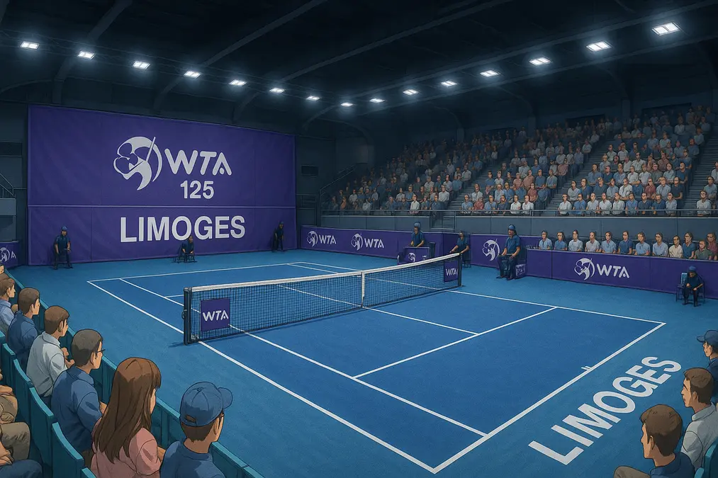 Interior view of the WTA 125 Limoges 2025 tennis court with full crowd, vibrant blue surface, and purple event branding during an intense match session.