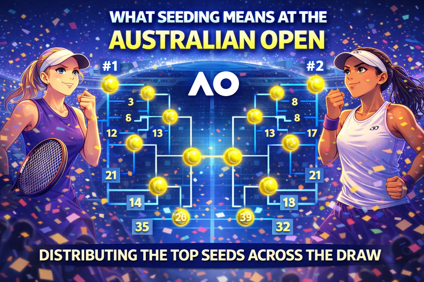 Illustrated visual showing how seeding works in the Australian Open 2026 women's singles draw, with top-ranked players distributed across a glowing bracket.