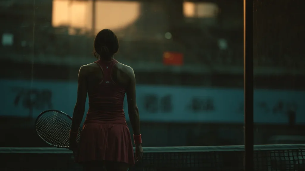 Backlit Zheng Qinwen seen from behind at the net on a stadium court at sunset, shallow depth of field, centered composition, warm golden highlights with cool teal shadows, racquet in left hand.